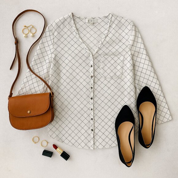 Cabi Blouse Small Button Front Crepe Black White Grid Print 3/4 Sleeve Pocket - Picture 2 of 9